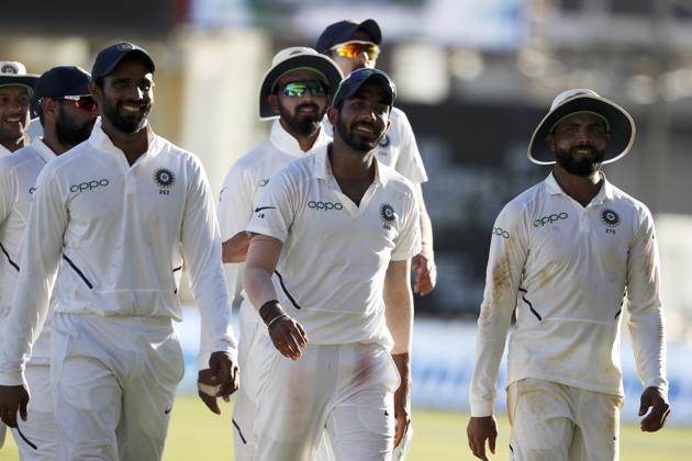 India's Jasprit Bumrah, center, leaves the field with teammates after day two of the second Test cricket match against West Indies. (AP) India's Jasprit Bumrah, center, leaves the field with teammates after day two of the second Test cricket match against West Indies. (AP)