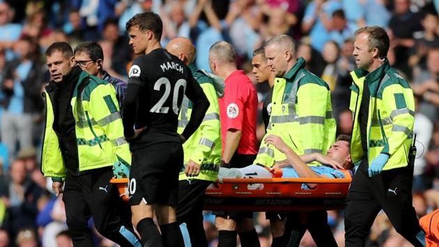 Manchester City's Aymeric Laporte is stretchered off after sustaining an injury.(Action Images via Reuters)