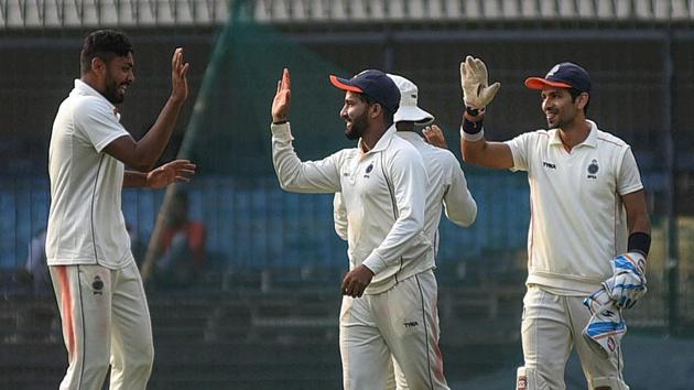 File photo of Avesh Khan with Madhya Pradesh team mates during the Ranji Trophy.(PTI) File photo of Avesh Khan with Madhya Pradesh team mates during the Ranji Trophy.(PTI)