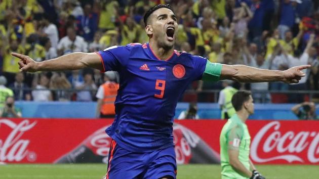 Radamel Falcao celebrates after scoring for Colombia at the 2018 World Cup.(AP)