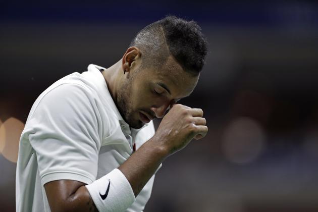 Nick Kyrgios, of Australia, reacts after losing a point to Andrey Rublev, of Russia, during the third round of the U.S. Open tennis tournament Saturday, Aug. 31, 2019, in New York.(AP)