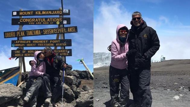 Milind Soman and wife Ankita Konwar on top of Mt Kilimanjaro in Tanzania.