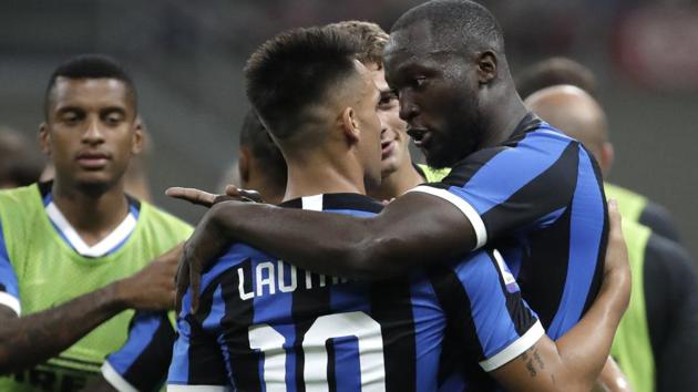 Inter Milan's Romelu Lukaku, right, celebrates after scoring.(AP)