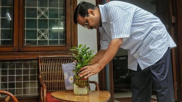 Chief Minister Arvind Kejriwal inspects his home for stagnant water to prevent the spread of mosquito-borne diseases during the launch of a special campaign against dengue, in New Delhi, Sunday.(PTI File Photo)