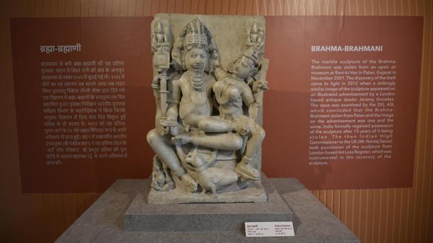 The marble sculpture of Brahma-Brahmani on display at the gallery. The sculpture was stolen from a museum at Patan, Gujarat, in 2001 and recovered from London in 2016 by the then Indian High Commissioner to the UK, Mr. Navtej Sarna. Most of the artifacts have been handed over voluntarily by countries which possessed them. (Biplov Bhuyan / HT Photo) The marble sculpture of Brahma-Brahmani on display at the gallery. The sculpture was stolen from a museum at Patan, Gujarat, in 2001 and recovered from London in 2016 by the then Indian High Commissioner to the UK, Mr. Navtej Sarna. Most of the artifacts have been handed over voluntarily by countries which possessed them. (Biplov Bhuyan / HT Photo)