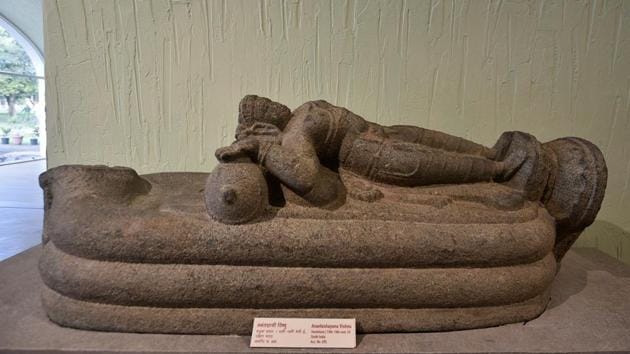 A sandstone sculpture of ‘Anantashayana Vishnu’ on display at the museum. Apart from these, there are also objects that were stolen, but confiscated by authorities like the Central Bureau of Investigation (CBI), the Directorate of Revenue Intelligence (DRI) or the Delhi crime branch and returned to the ASI. (Biplov Bhuyan / HT Photo) A sandstone sculpture of ‘Anantashayana Vishnu’ on display at the museum. Apart from these, there are also objects that were stolen, but confiscated by authorities like the Central Bureau of Investigation (CBI), the Directorate of Revenue Intelligence (DRI) or the Delhi crime branch and returned to the ASI. (Biplov Bhuyan / HT Photo)