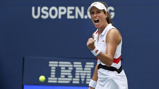 Johanna Konta, of the United Kingdom, pumps her fist after winning a point.(AP)