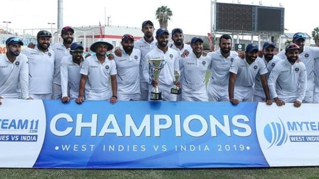 Indian cricket team celebrates after winning the Test series 2-0. (Twitter)
