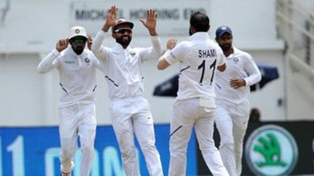 Indian players celebrate after winning the second Test against West Indies. (Twitter)