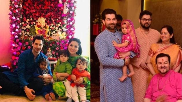 Ganesh Chaturthi 2019: Sunny Leone and Neil Nitin Mukesh with their respective families.(Varinder Chawla)