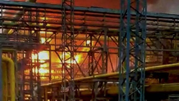 Oil and Natural Gas Corporation’s (ONGC) gas processing plant engulfed in flames.(PTI Photo)