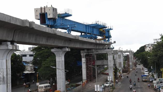 Metro work in progress near Kharalwadi in Pimpri on Monday.(HT/PHOTO)