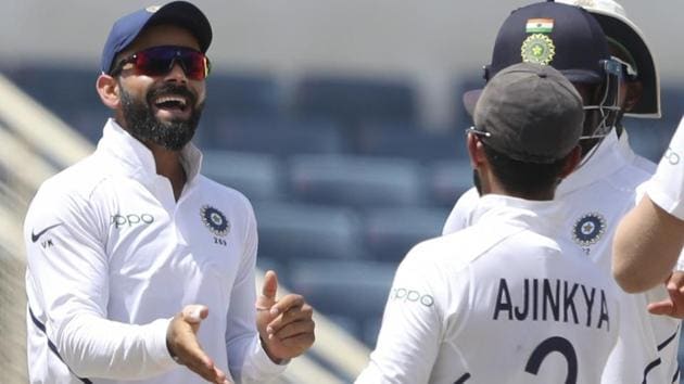 India's captain Virat Kohli celebrates the wicket of (AP) India's captain Virat Kohli celebrates the wicket of (AP)