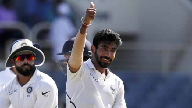 India's Jasprit Bumrah celebrates his hat-trick against West Indies.(AP) India's Jasprit Bumrah celebrates his hat-trick against West Indies.(AP)