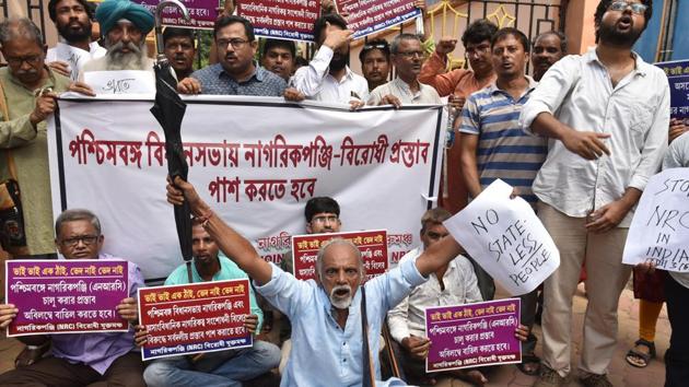 Demonstrators from the Joint Forum Against NRC during a sit in protest against the National Register of Citizens (NRC) list released in Assam , in front of Assam House in Kolkata, on Monday, September 2, 2019. (Samir Jana / HT Photo) Demonstrators from the Joint Forum Against NRC during a sit in protest against the National Register of Citizens (NRC) list released in Assam , in front of Assam House in Kolkata, on Monday, September 2, 2019. (Samir Jana / HT Photo)