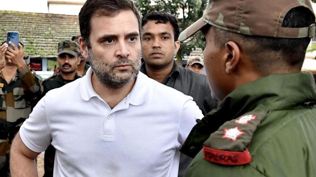 Congress leader Rahul Gandhi interacts with army personnel involved in rescue and relief operations in the flood affected areas, in Wayanad district, Monday, Aug 12, 2019.(PTI file photo)