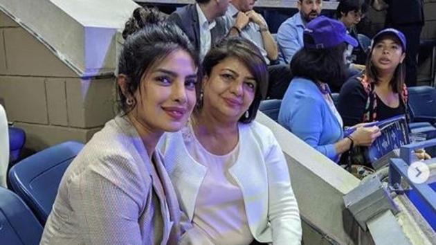 Priyanka Chopra with her mother Madhu Chopra at the US Open Tennis Championships on Tuesday.(Instagram)