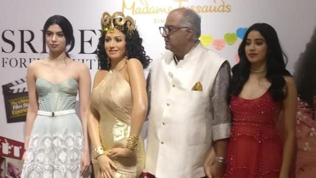 Janhvi Kapoor, Khushi and Boney Kapoor at the unveiling of Sridevi’s statue at Madame Tussauds.