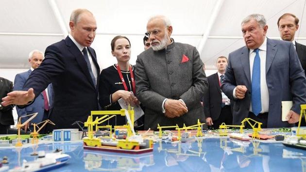 Modi and Putin discussed ways to strengthen relations between New Delhi and Moscow.(Twitter photo)