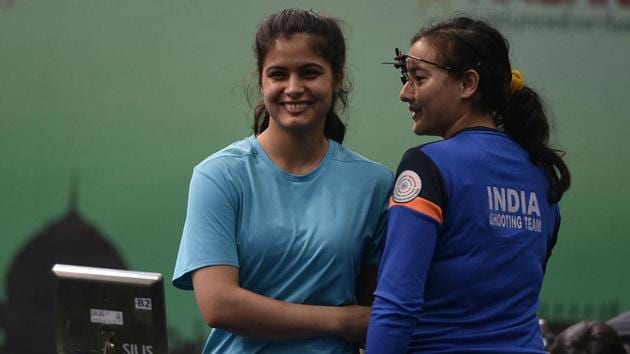 Manu Bhaker (L) seen at Karni Singh Shooting Range in New Delhi. In 2018 then 16-year-old Bhaker broke the Commonwealth Games record, won the gold in the Youth Olympic Games, and became the youngest Indian to win a gold at a shooting World Cup. (Biplov Bhuyan / HT Photo) Manu Bhaker (L) seen at Karni Singh Shooting Range in New Delhi. In 2018 then 16-year-old Bhaker broke the Commonwealth Games record, won the gold in the Youth Olympic Games, and became the youngest Indian to win a gold at a shooting World Cup. (Biplov Bhuyan / HT Photo)