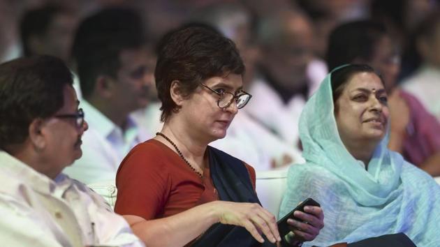 Congress General Secretary Priyanka Gandhi during the 75th birth anniversary celebrations of former prime minister Rajiv Gandhi, in New Delhi. She lashed out at the Government today because of the ongoing slowdown.(PTI FILE)