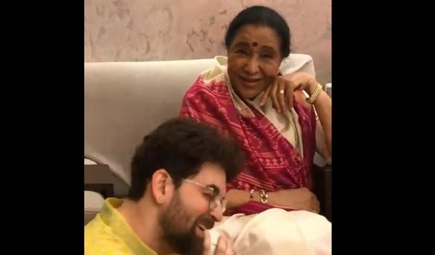 Neil Nitin Mukesh and Asha Bhosle during Ganesh Chaturthi celebrations.