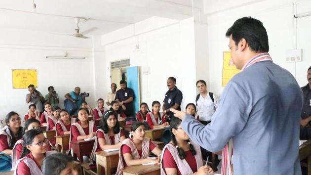 Tripura chief minister Biplab Kumar Deb at a school in Agartala on Teachers’ Day.(HT photo)