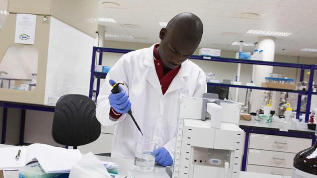 A scientist from Lucan Labs, a lab specialised in analysing cannabis, works on samples. “We have three rows that contain 1,200 plants each. That’s 3,600 plants across the whole structure,” said Medigrow’s head of production Albert Theron. In 2017, the tiny landlocked kingdom of 2.1 million people decided to tap into the booming medical marijuana industry, becoming the first country in Africa to allow the cultivation of cannabis for medicinal purposes. (Guillem Sartorio / AFP) A scientist from Lucan Labs, a lab specialised in analysing cannabis, works on samples. “We have three rows that contain 1,200 plants each. That’s 3,600 plants across the whole structure,” said Medigrow’s head of production Albert Theron. In 2017, the tiny landlocked kingdom of 2.1 million people decided to tap into the booming medical marijuana industry, becoming the first country in Africa to allow the cultivation of cannabis for medicinal purposes. (Guillem Sartorio / AFP)