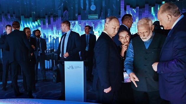 Prime Minister Narendra Modi with President of Russian Federation Vladimir Putin during their visit to the ‘Street of the Far East’ exhibition, at Vladivostok, in Russia. (PTI) Prime Minister Narendra Modi with President of Russian Federation Vladimir Putin during their visit to the ‘Street of the Far East’ exhibition, at Vladivostok, in Russia. (PTI)