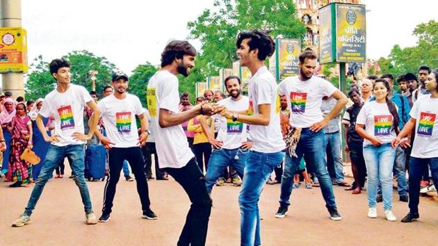 LGBT activists dance to Hindi and English songs as part of a queer flashmob outside the Raipur railway station on August 4, 2019.(By special arrangement) LGBT activists dance to Hindi and English songs as part of a queer flashmob outside the Raipur railway station on August 4, 2019.(By special arrangement)