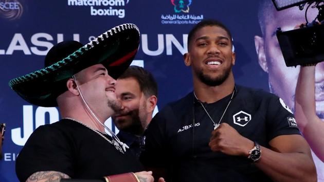 Andy Ruiz Jr and Anthony Joshua pose during the press conference.(Action Images via Reuters)