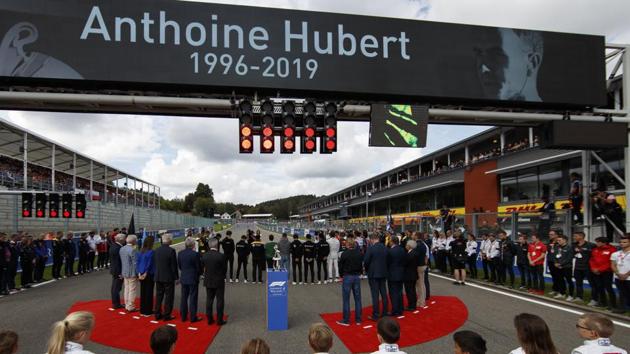 A moment of silence takes place for Formula 2 driver Anthoine Hubert prior to the start of the Belgian Formula One Grand Prix in Spa-Francorchamps, Belgium.(AP)