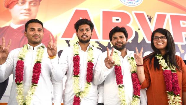 ABVP’s candidates for the upcoming Delhi University Students’ Union elections (L-R) Akshit Dahiya (President), Pradeep Tanwar (Vice President), Yogit Rathi (Secretary) and Shivangi Kharwal (Joint Secretary) during a press conference in New Delhi, India, on Thursday (Arvind Yadav/HT PHOTO) ABVP’s candidates for the upcoming Delhi University Students’ Union elections (L-R) Akshit Dahiya (President), Pradeep Tanwar (Vice President), Yogit Rathi (Secretary) and Shivangi Kharwal (Joint Secretary) during a press conference in New Delhi, India, on Thursday (Arvind Yadav/HT PHOTO)