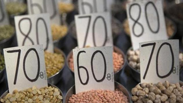 Samples of pulses are displayed in a wholesaler at Khari Baoli spice market in New Delhi. India’s economy grew at its slowest pace in over six years in the June quarter following a sharp deceleration in consumer demand and tepid investment.(Bloomberg)