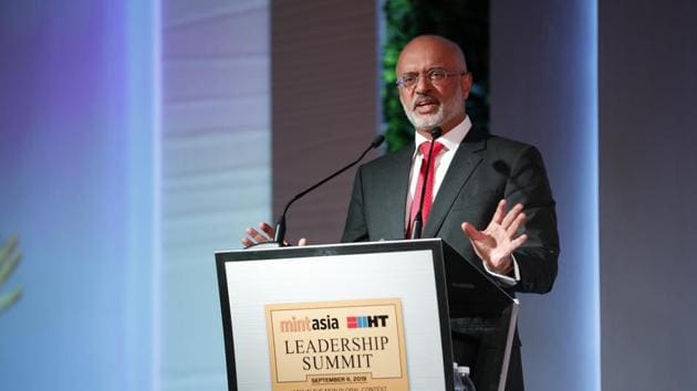 Piyush Gupta, Chief Executive Officer of DBS Group, addresses the audience during the HT MintAsia Leadership Summit, in Singapore, on Friday(HT Photos)