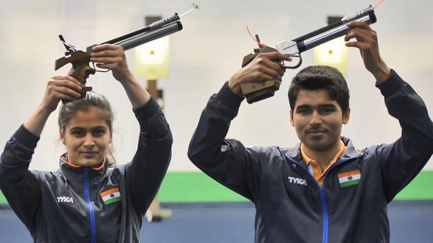 Indian shooters Manu Bhaker and Saurabh Chaudhary. (Hindustan Times via Getty Images) Indian shooters Manu Bhaker and Saurabh Chaudhary. (Hindustan Times via Getty Images)