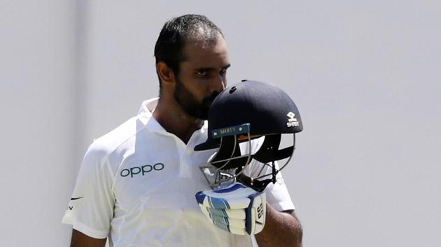 India's Hanuma Vihari celebrates after he scored a century against West Indies during day two of the second Test cricket match at Sabina Park cricket ground in Kingston, Jamaica Saturday, Aug. 31, 2019. (AP) India's Hanuma Vihari celebrates after he scored a century against West Indies during day two of the second Test cricket match at Sabina Park cricket ground in Kingston, Jamaica Saturday, Aug. 31, 2019. (AP)