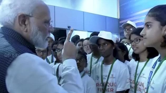 **EDS: VIDEO GRAB** Bengaluru: Prime Minister Narendra Modi interacts with students after connection with the Vikram lander was lost during soft landing of Chandrayaan 2 on lunar surface, in Bengaluru, Saturday, Sept. 7, 2019.(PTI)