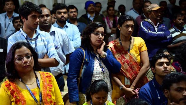 Indian Space Research Organization (ISRO) employees in a tense mood after the Vikram module of Chandrayaan 2 lost communication during landing on the lunar surface, at ISRO Telemetry Tracking and Command Network (ISTRAC) in Bengaluru, Karnataka. (Shailendra Bhojak / PTI) Indian Space Research Organization (ISRO) employees in a tense mood after the Vikram module of Chandrayaan 2 lost communication during landing on the lunar surface, at ISRO Telemetry Tracking and Command Network (ISTRAC) in Bengaluru, Karnataka. (Shailendra Bhojak / PTI)