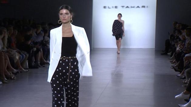 This Thursday, Sept. 5, 2019 image taken from video shows a model wearing fashion from the Elie Tahari Spring/Summer 2020 collection during Fashion Week in New York. (AP Photo/Mark Cohen)(AP)