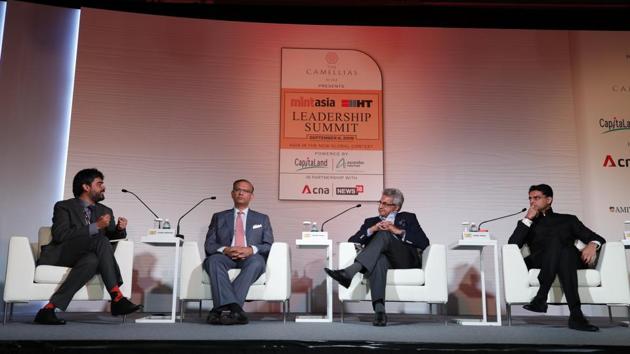 Member of Parliament Jayant Sinha, Member of Parliament Pinaki Misra and Deputy Chief Minister of Rajasthan Sachin Pilot in conversation with Kunal Pradhan, Executive Editor of Hindustan Times. Stressing that Prime Minister Narendra Modi’s government has not forgotten the vision of nine per cent (USD$5 Trillion Economy) growth, a slew of steps are on the way to revive the economy, said Sinha. (HT Photo) 