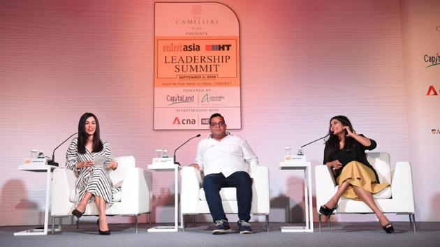 Vijay Shekhar Sharma, Founder and CEO of Paytm, and Ankiti Bose, Founder and CEO of Zilingo, in conversation with Shereen Bhan, Managing Editor of CNBC TV18, during the ‘What it takes to be a global unicorn’ session. 27-year-old Bose, India’s first female co-founder with a near-$1 billion fashion start-up, said she faced challenges as nobody took her seriously at first. “Things only get easier after the first $100 million,” she said. (HT Photo) 