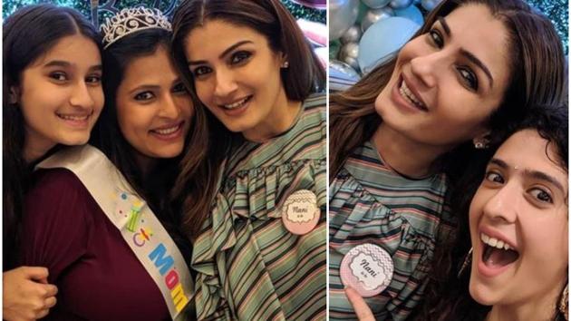 (Left) Raveena Tandon with daughters Chhaya Tandon and Rasha Thadani and (right) with Pooja Makhija.(Instagram)