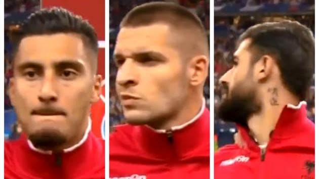 Albanian players look confused as Andorra national anthem is played at Stade de France.(Screengrab)