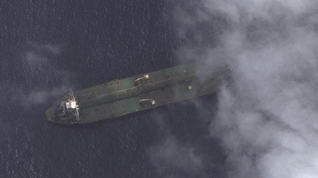 This Friday, Sept. 6, 2019 satellite image provided by Maxar Technologies appears to show the Iranian oil tanker Adrian Darya-1 off the coast of Tartus, Syria. Satellite images obtained by The Associated Press on Saturday, Sept. 7, 2019, appeared to show the once-detained Iranian oil tanker Adrian Darya-1 near the Syrian port, despite US efforts to seize the vessel. (AP Photo) This Friday, Sept. 6, 2019 satellite image provided by Maxar Technologies appears to show the Iranian oil tanker Adrian Darya-1 off the coast of Tartus, Syria. Satellite images obtained by The Associated Press on Saturday, Sept. 7, 2019, appeared to show the once-detained Iranian oil tanker Adrian Darya-1 near the Syrian port, despite US efforts to seize the vessel. (AP Photo)
