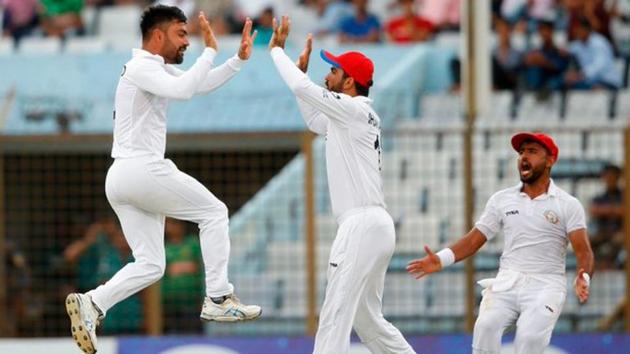 Rashid Khan celebrates during the Test match between Afghanistan and Bangladesh. (Twitter) Rashid Khan celebrates during the Test match between Afghanistan and Bangladesh. (Twitter)