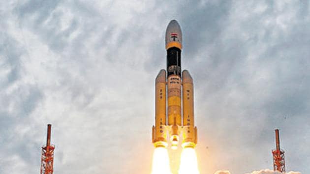 India’s second Moon mission Chandrayaan-2 lifts off onboard GSLV Mk III-M1 launch vehicle from Satish Dhawan Space Center at Sriharikota in Andhra Pradesh. (PTI Photo) India’s second Moon mission Chandrayaan-2 lifts off onboard GSLV Mk III-M1 launch vehicle from Satish Dhawan Space Center at Sriharikota in Andhra Pradesh. (PTI Photo)