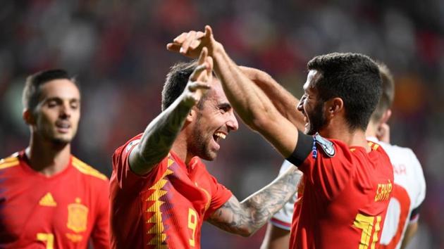 Spain's Paco Alcacer celebrates scoring their fourth goal.(REUTERS) Spain's Paco Alcacer celebrates scoring their fourth goal.(REUTERS)