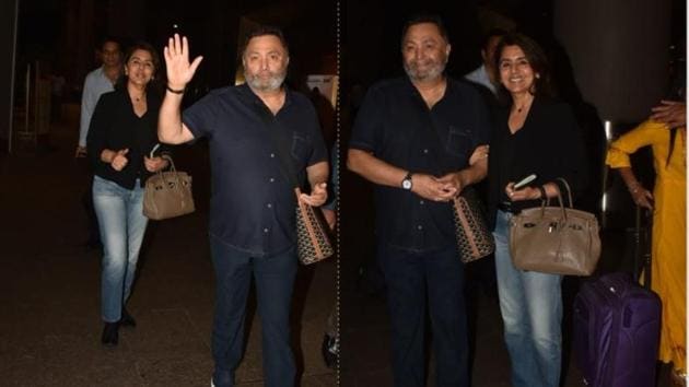 Rishi Kapoor and Neetu Singh arrive at Mumbai airport on Tuesday.(Varinder Chawla)
