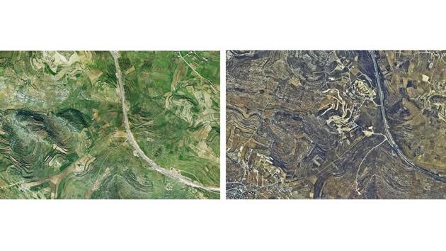 (L) An aerial view shows the Israeli settlement of Ofra in the occupied West Bank as seen in 2002. (R) The same view as seen in 2018. Havat Gilad, a cluster of prefab huts sprinkled across a hilltop, is home to about 45 families. Its residents say their presence in the West Bank fulfils God’s biblical promise to the Jewish people and secures Israel’s safety. (Peace Now / Handout via REUTERS) (L) An aerial view shows the Israeli settlement of Ofra in the occupied West Bank as seen in 2002. (R) The same view as seen in 2018. Havat Gilad, a cluster of prefab huts sprinkled across a hilltop, is home to about 45 families. Its residents say their presence in the West Bank fulfils God’s biblical promise to the Jewish people and secures Israel’s safety. (Peace Now / Handout via REUTERS)